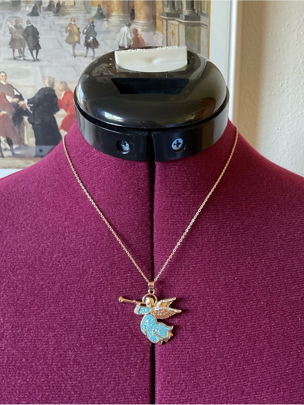 Gold-Tone Angel Pendant Necklace with Aqua Crystals